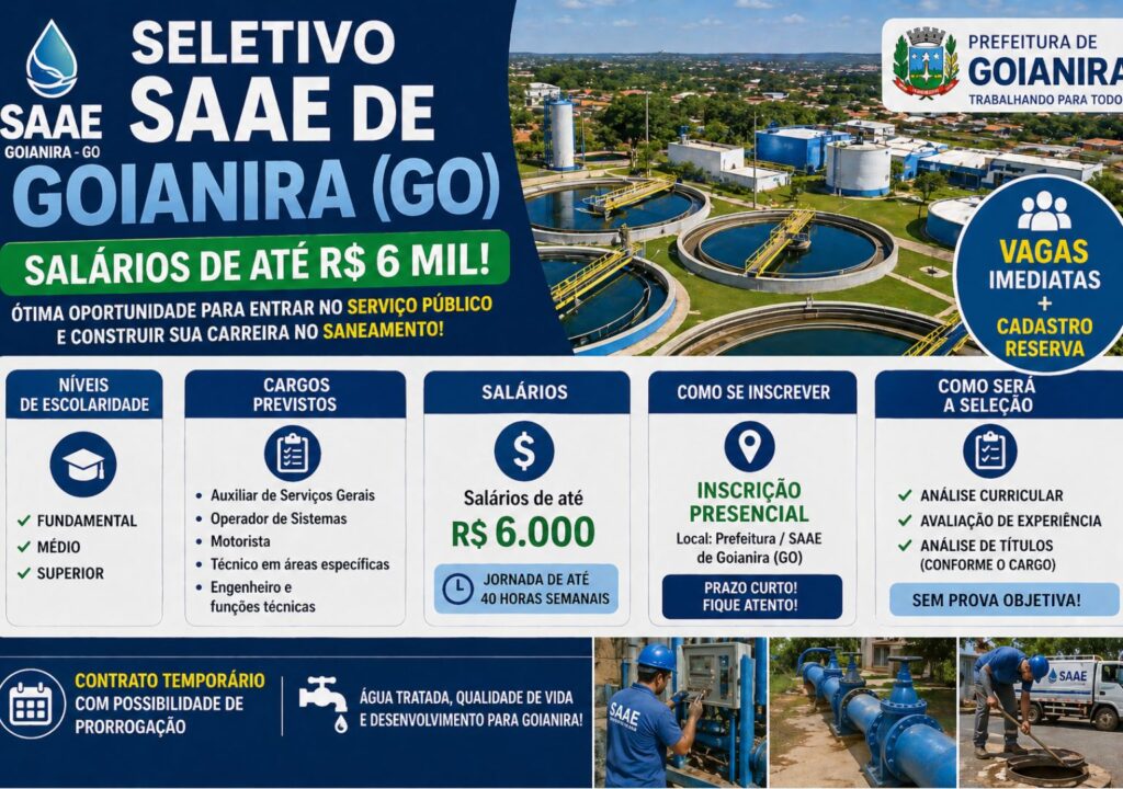 O Serviço Autônomo de Água e Esgoto (SAAE) de Goianira, em Goiás, abriu processo seletivo com oportunidades para diferentes níveis, com foco em contratação temporária.