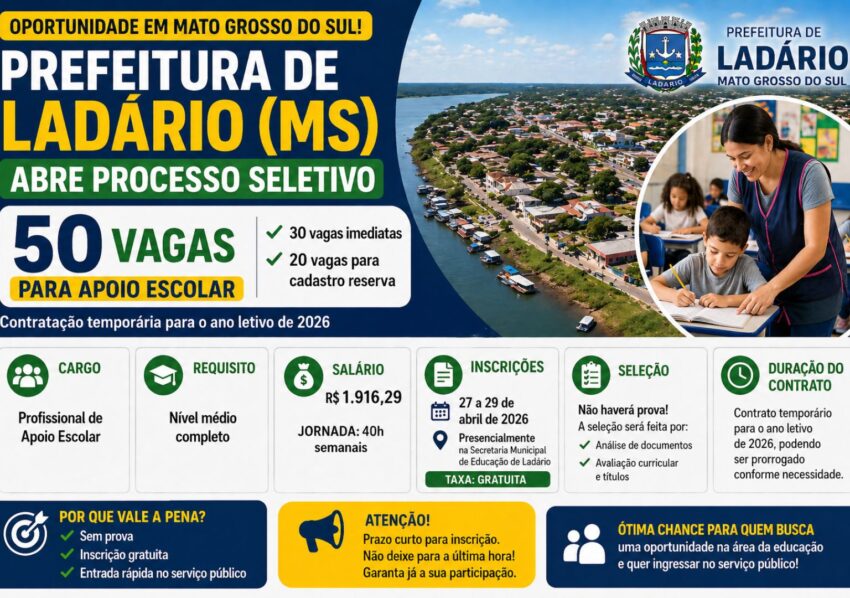 Prefeitura de Ladário (MS) abre seletivo com 50 vagas para apoio escolar