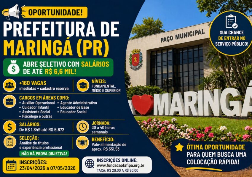 Prefeitura de Maringá abre seletivo com salários de até R$ 6,6 mil