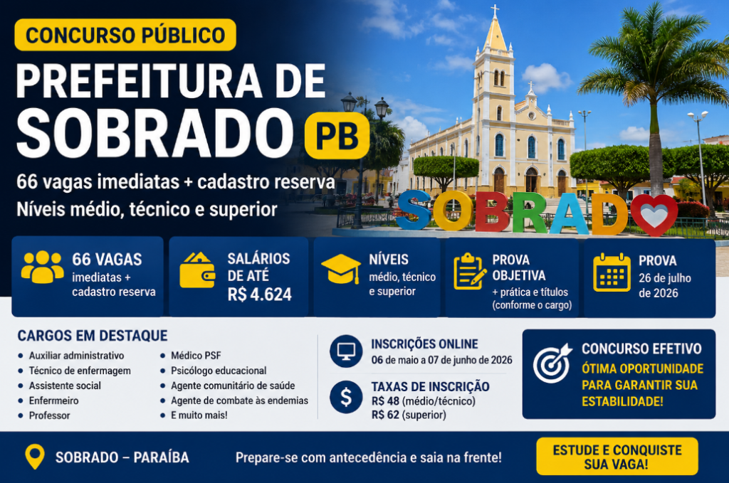 A Prefeitura de Sobrado, na Paraíba, publicou concurso