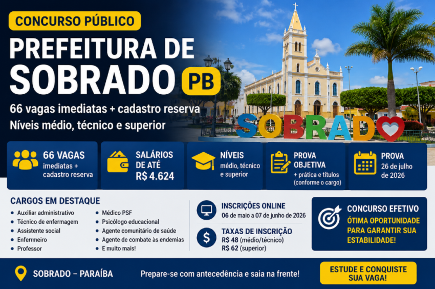 A Prefeitura de Sobrado, na Paraíba, publicou concurso